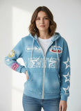 Full-printed Hooded Zipper Sweatshirt with Star Letters