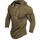 Men Pullover Hooded Solid Color Lace Up Sweatshirt