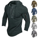 Men Pullover Hooded Solid Color Lace Up Sweatshirt